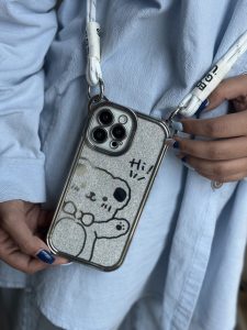 قاب موبایل سلام خرسی شاینی نقره ای + بند بلند آویز - Image 2